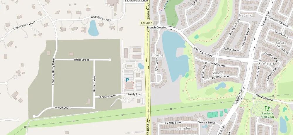 Map of Bartonville, Texas showing the cafe on FM 407 (Justin Road) at the Lantana plaza, west of Lantana Trail.
